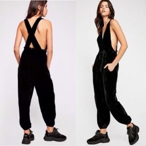 Free People Black Velvet Cross Back Tie Waist Jumpsuit Size Small